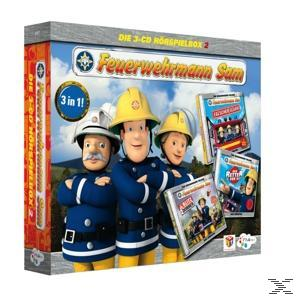 Cartoon-Cover mit drei Feuerwehrmann-Charakteren und einer 3-CD-Box. Text: Feuerwehrmann Sam.
