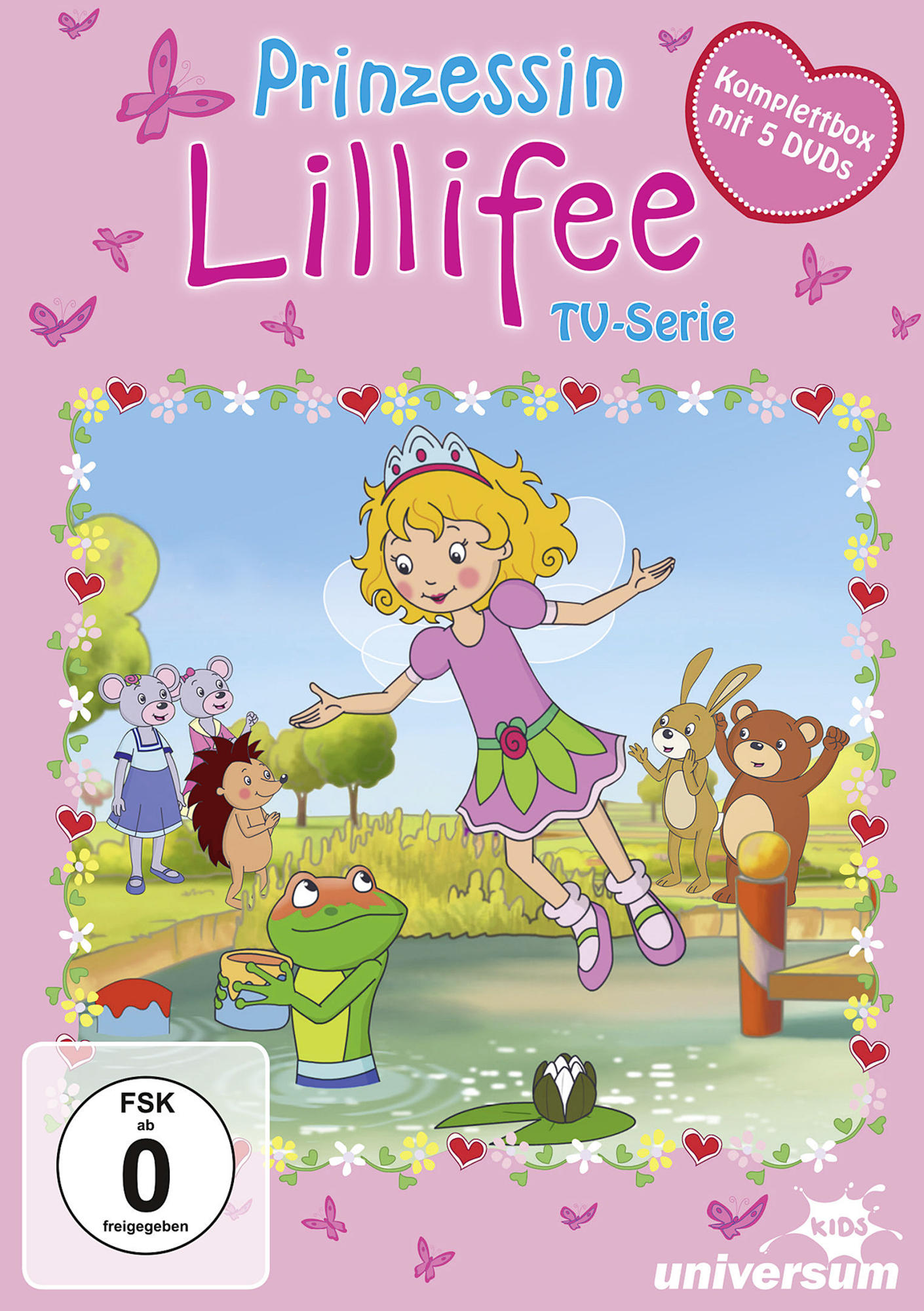 Cover einer DVD. Ein Cartoon-Mädchen mit Freunden in einem rosa Rahmen mit Text.