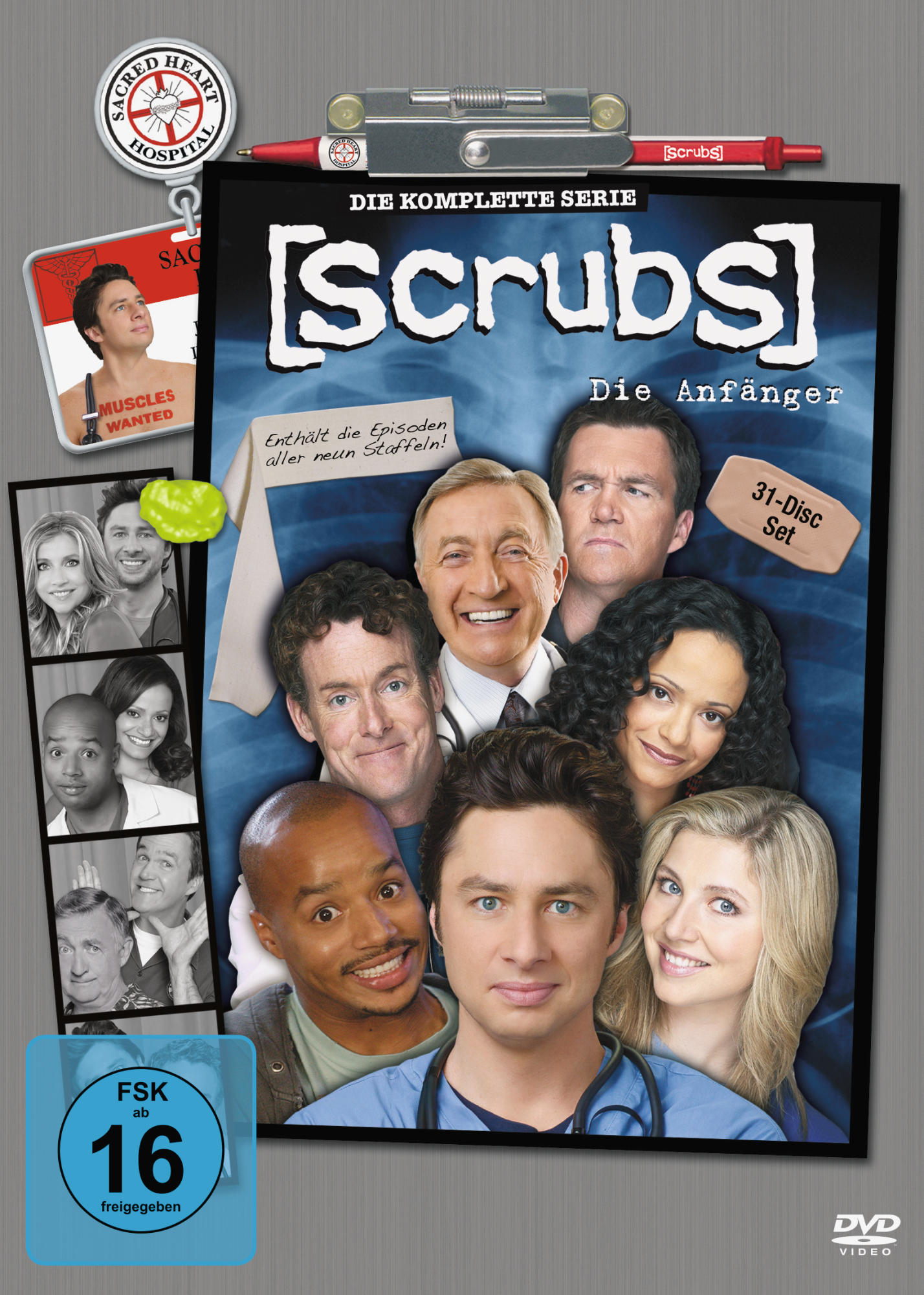 DVD-Cover: Scrubs-Besetzung, medizinisches Thema.