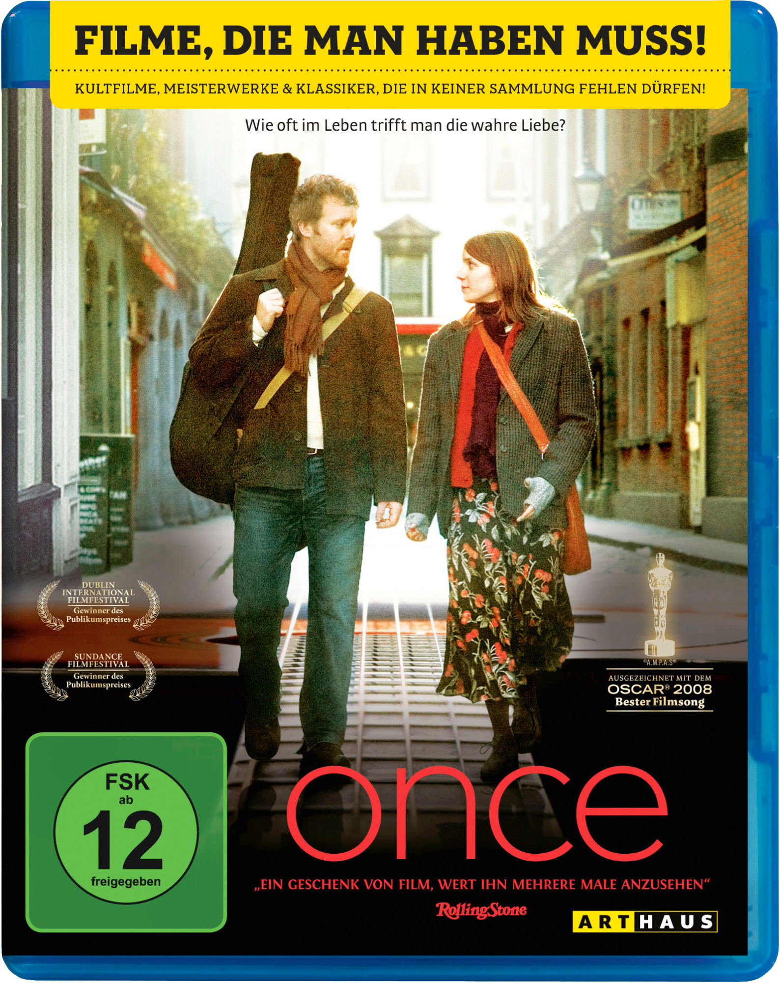 Blu-ray-Cover von 'Once'. Ein Paar geht eine Straße entlang, mit dem Filmtitel.