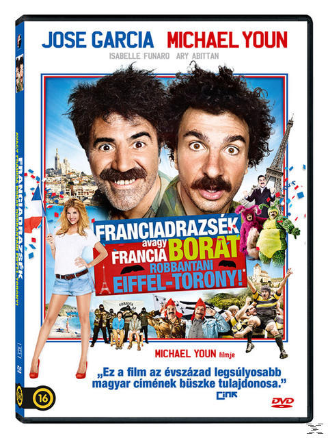 Egy film DVD borítója két férfival és egy nővel, az Eiffel-toronnyal és különböző karakterekkel.
