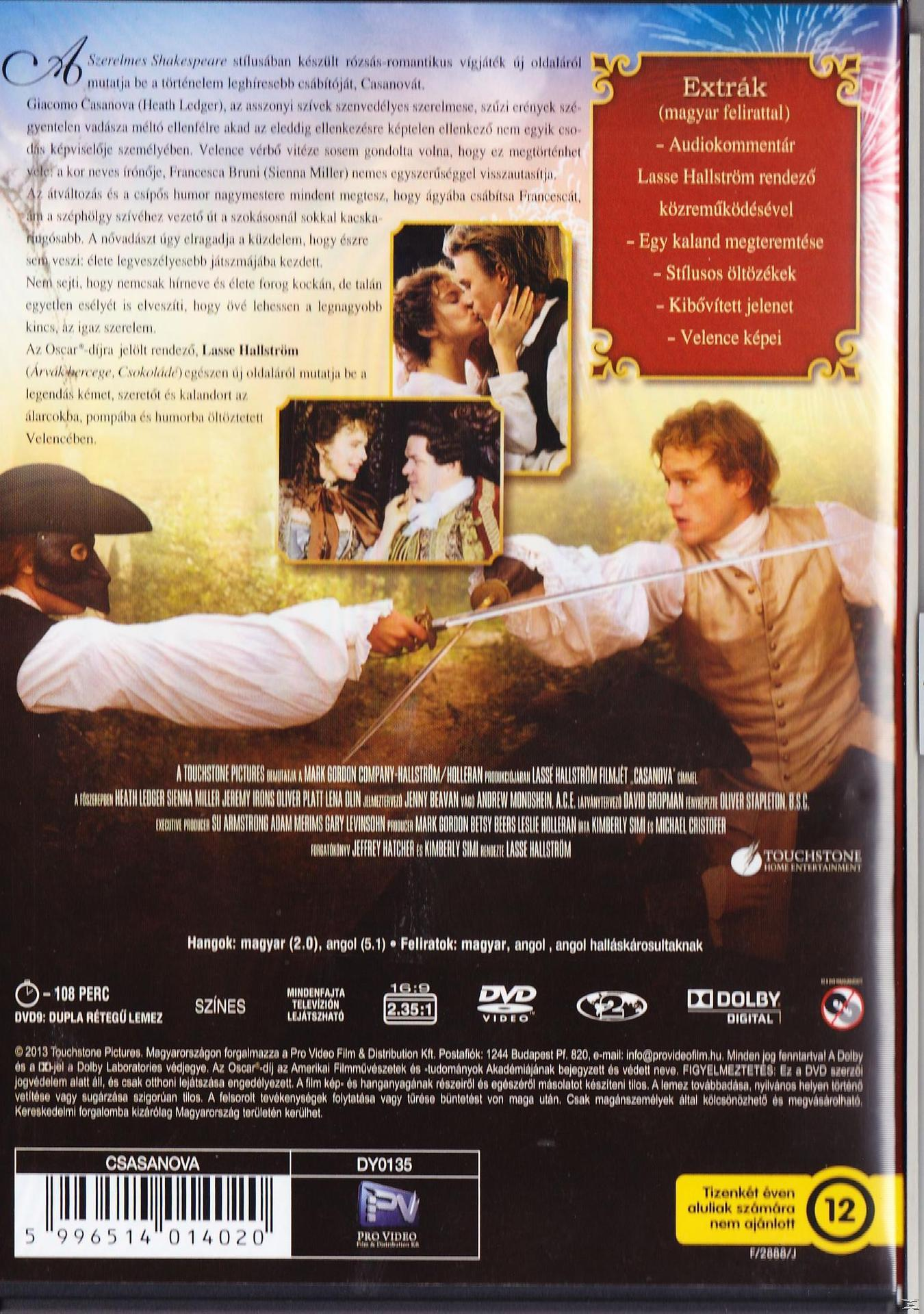 DVD borító romantikus jelenetekkel. A címe "Casanova" és egy maszkos-kardos férfi.