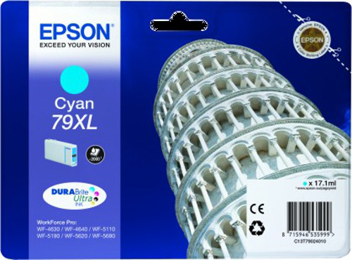 Epson Cyan Tintenpatrone mit dem schiefen Turm von Pisa im Hintergrund.