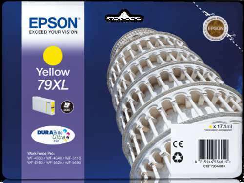 Gelbe Epson Tintenpatrone mit dem schiefen Turm von Pisa.