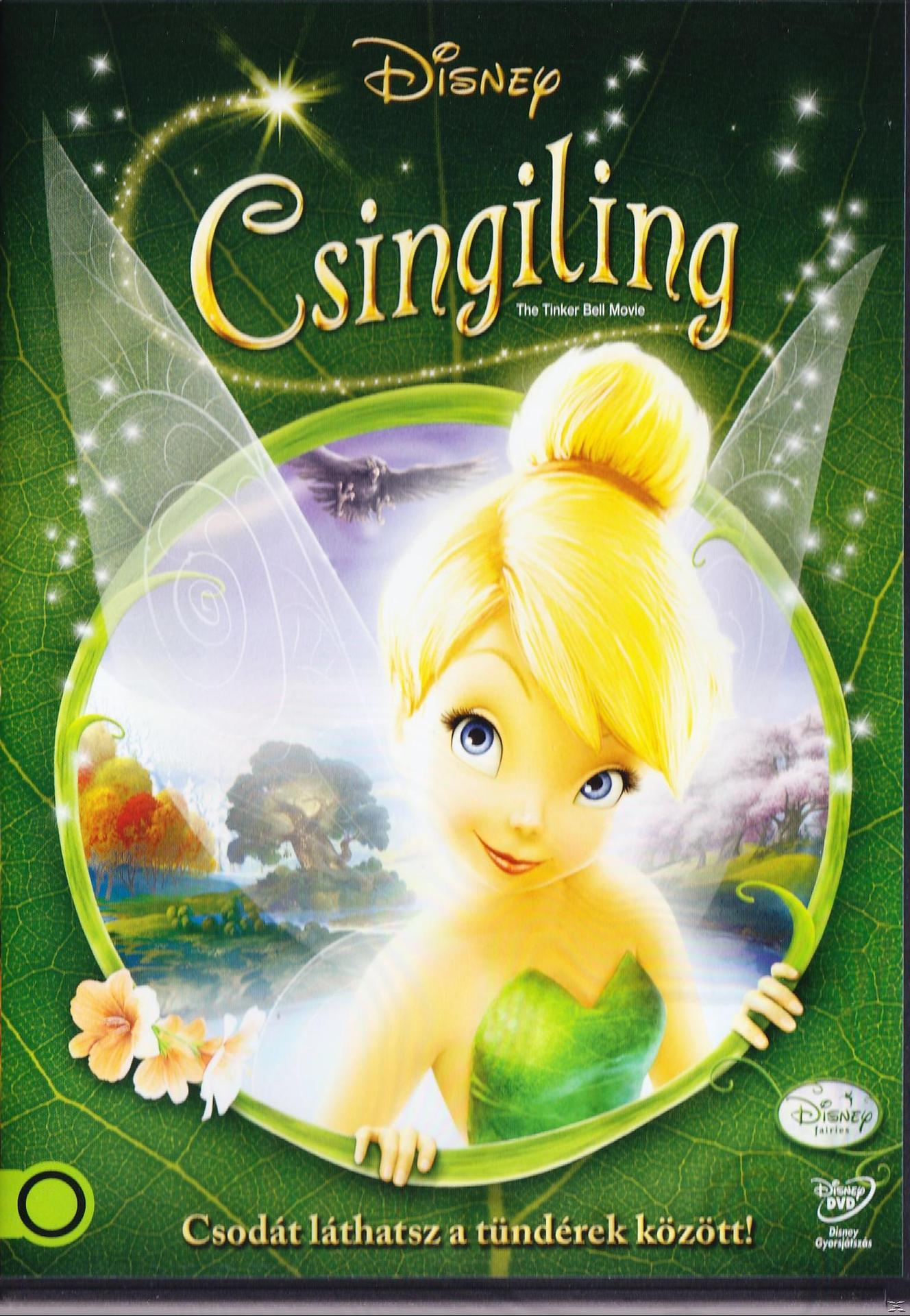 A Csingiling film DVD borítója. Egy szőke tündér, zöld ruhában mosolyog, zöld levelekkel körülvéve.