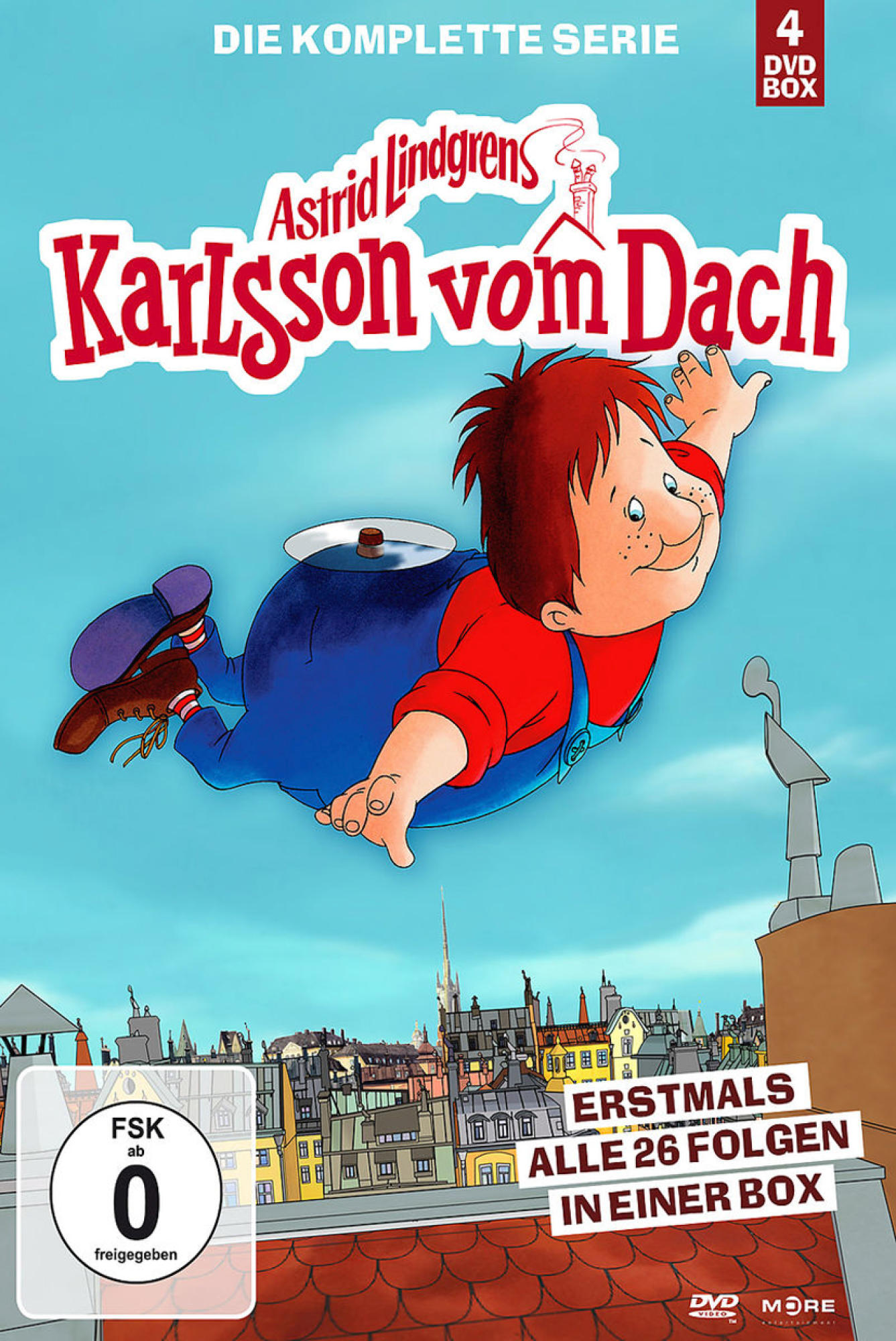DVD-Cover für "Karlsson vom Dach". Cartoonbild eines Jungen, der über einer Stadt fliegt. Roter Text.