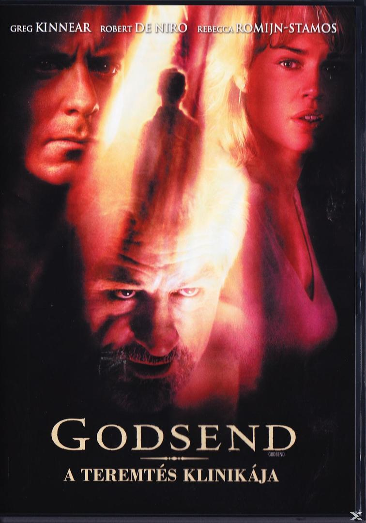 Filmplakát. Három arc, egy lángoló sziluettel. Szöveg: Godsend, A Teremtes Klinikaja.
