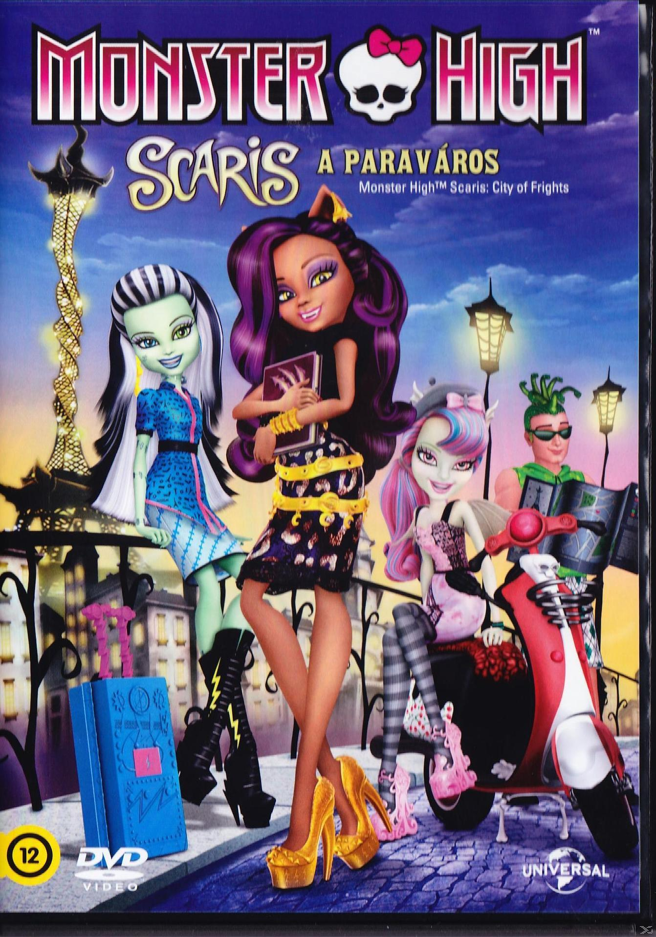 Monster High DVD borító rajzfilmfigurákkal a városi fények előtt. Több betűtípusú szöveg.