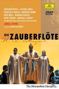 DVD borítója három köntösös emberrel, a 'Die Zauberflöte' operáról szóló szöveggel és egy sárga háttérrel.