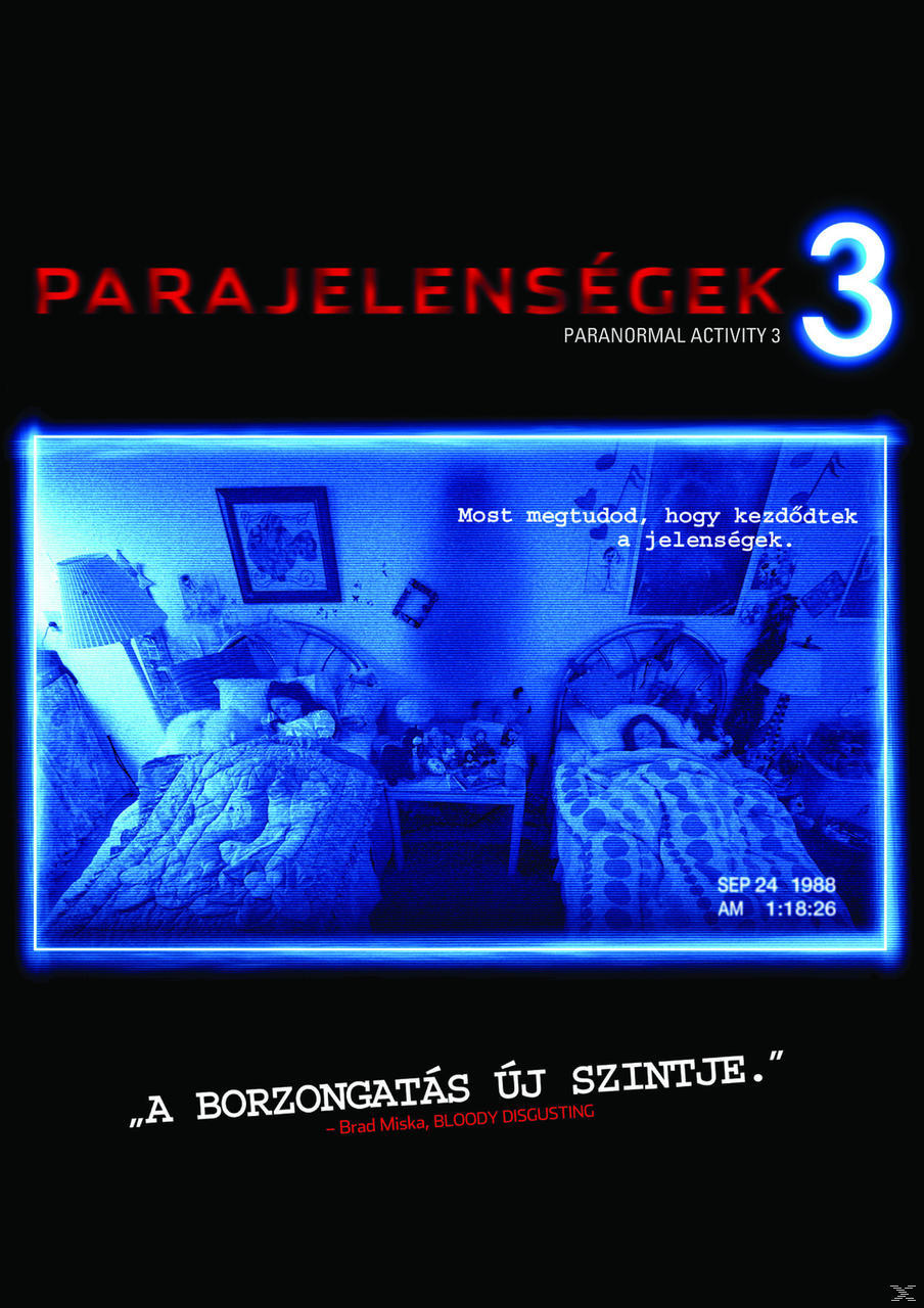 A 'Paranormal Activity 3' magyar nyelvű filmplakátja, két ággyal, és egy kék tónusú, baljós jelenettel.