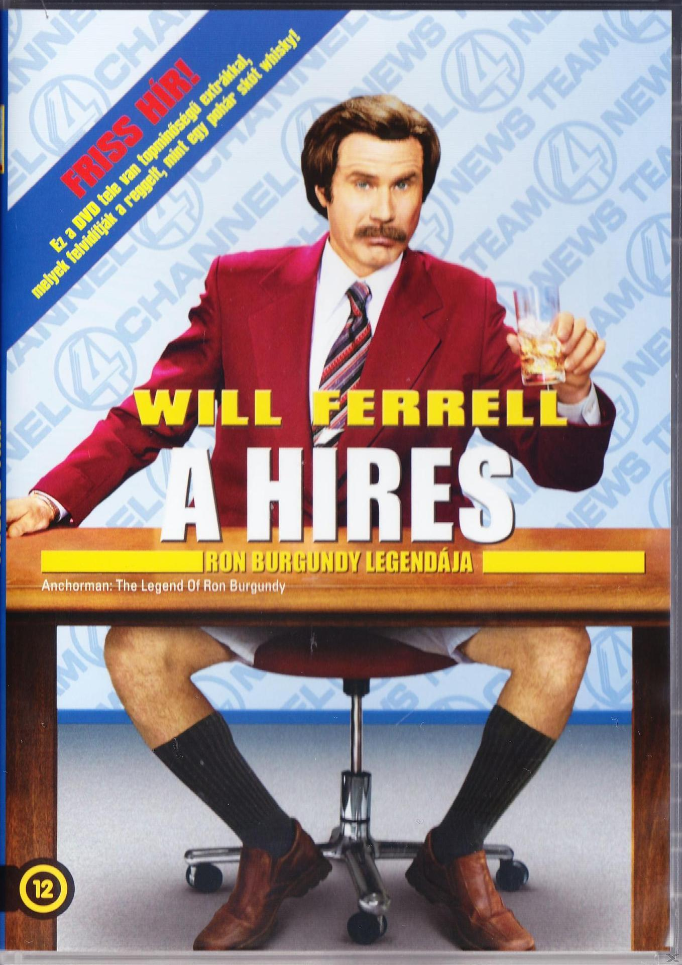 DVD borító Will Ferrell-lel öltönyben és rövidnadrágban. Szöveg: Will Ferrell, A Híres, Ron Burgundy Legendája.