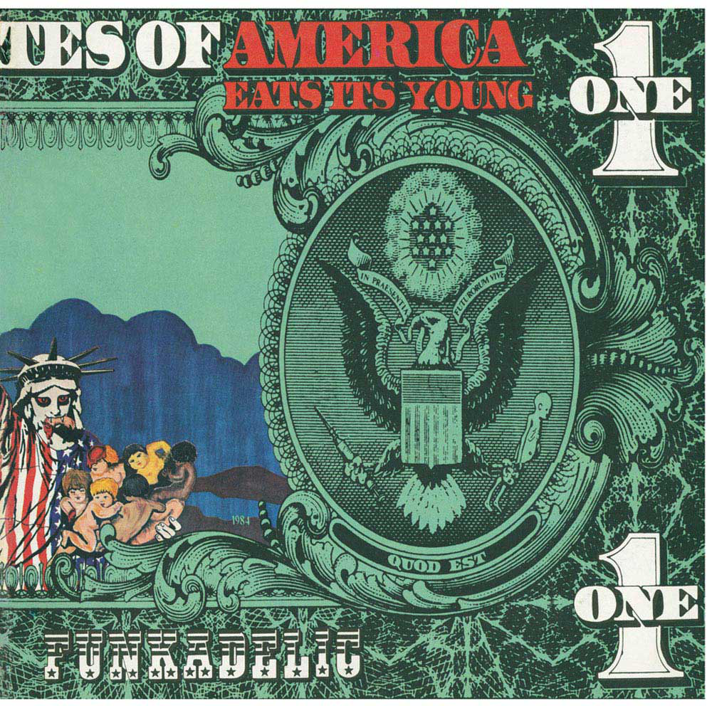 Amerikai egy dolláros bankjegy művészet: Szabadság-szobor, gyerekek, sas, "AMERICA EATS ITS YOUNG".