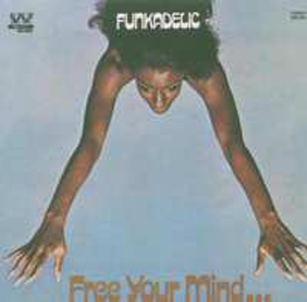 Funkadelic album borító: nő zöld felsőben merül, karok kinyújtva, égkék háttér.