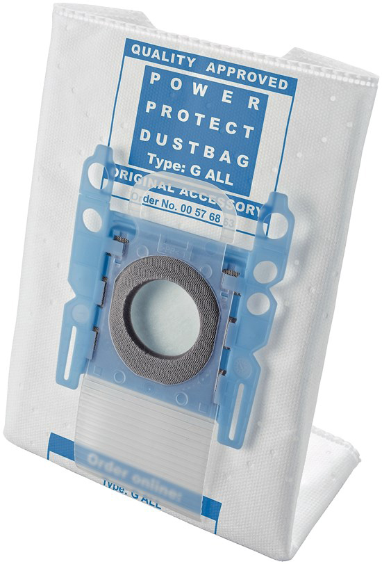 Een witte stofzuigerzak met een blauwe plastic bevestiging.