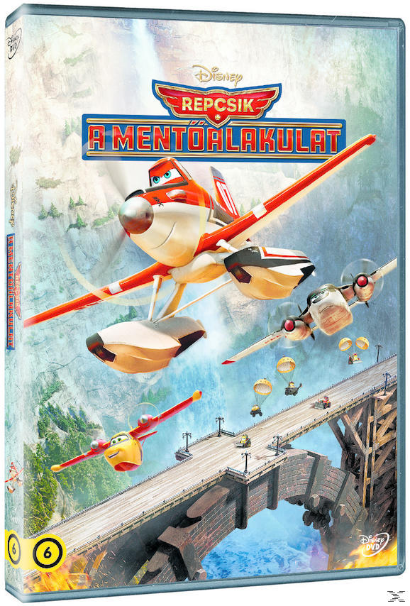 DVD borító: Repülős rajzfilm repülőgépekkel egy híd felett. Kék égbolt a háttérben. Cím: Repcsik A Mentoalakulat.