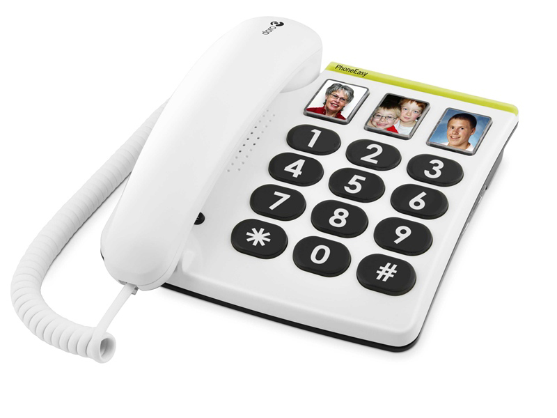 White phone with large black buttons and photos. Label says 'PhoneEasy'.