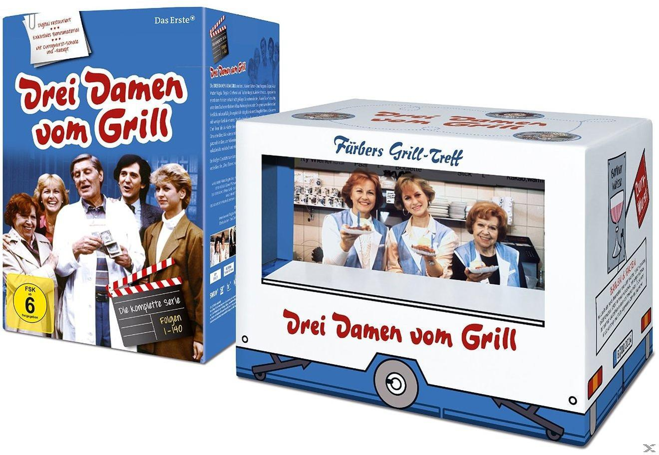 DVD-Boxset-Cover. Zwei Boxen: Eine mit Schauspielern, die andere mit Frauen, die Essen aus einem Imbisswagen servieren.