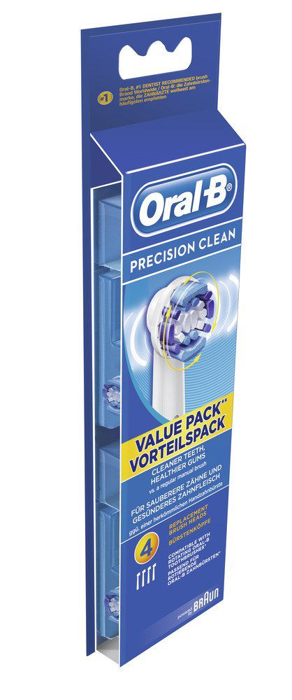 Mavi ve beyaz bir kutuda Oral-B diş fırçası başlıkları. Metin: "Precision Clean" ve "Value Pack".