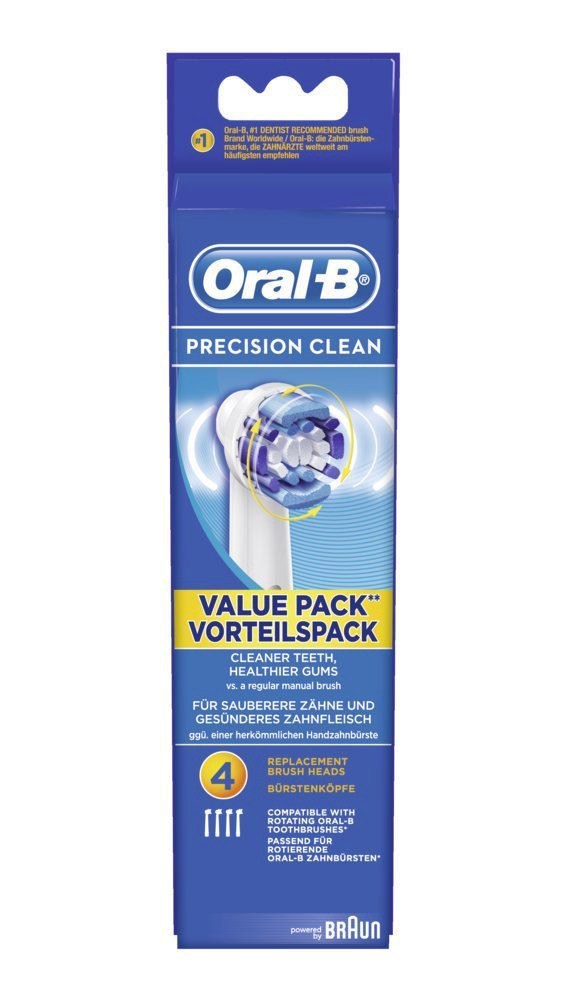 Bir pakette Oral-B Precision Clean diş fırçası başlıkları. Paket mavi ve beyazdır.