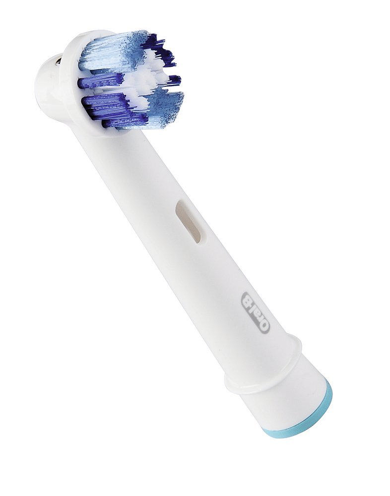 Mavi ve beyaz kıllı elektrikli diş fırçası başlığı. Oral-B logolu beyaz gövde.
