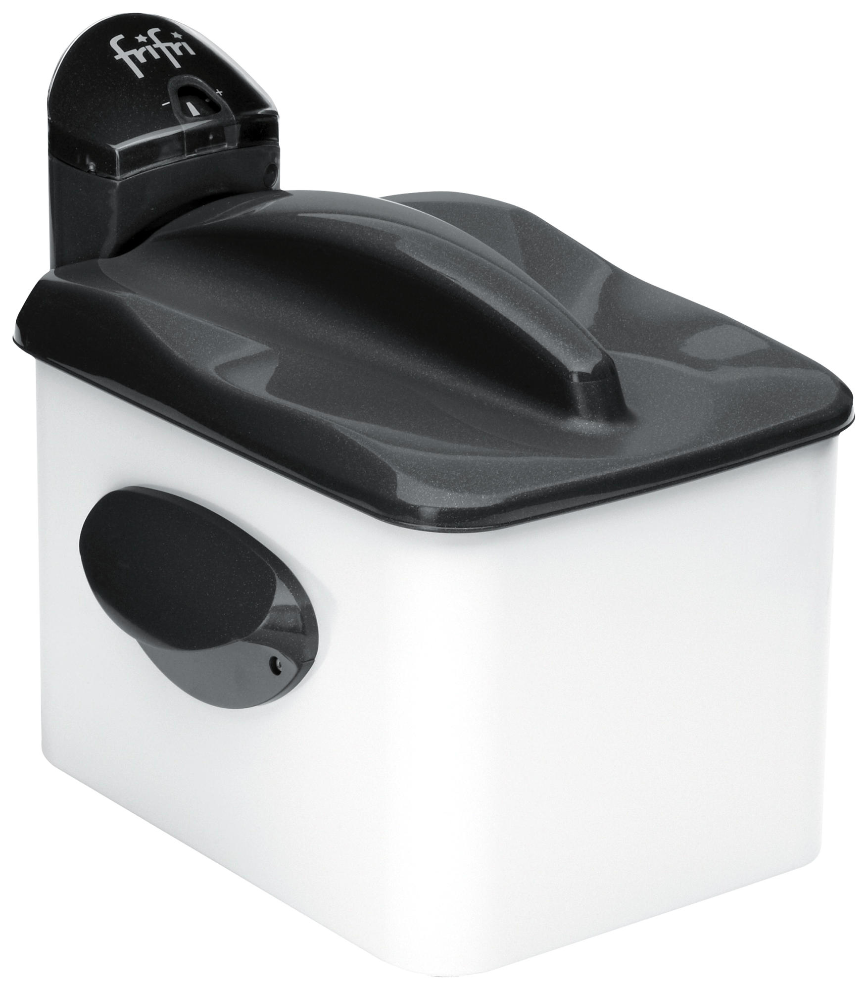 A black and white deep fryer with a lid. The lid has a handle and the fryer has an oval black button.