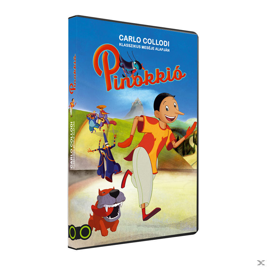 DVD-tok. Pinokkió futásának illusztrációja, szereplőkkel és szöveggel. 'Pinocchio' cím magyarul.
