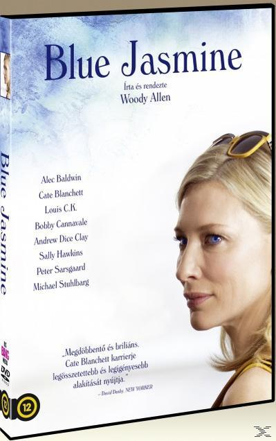 DVD-borító. Blue Jasmine filmplakát. Egy nő arca a háttérben. A szereplők listája.