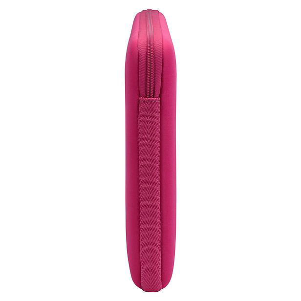 Pembe dizüstü bilgisayar kılıfı. Fermuar üstte ve yan tarafta. Kılıf pembe.