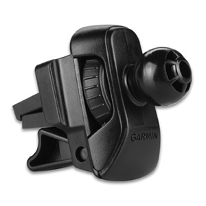 A black Garmin car vent mount for a GPS device. The mount is plastic and has a ball joint.