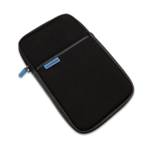 Black Garmin case with a blue zipper. Garmin logo on the front and blue Garmin tag. Black background.
