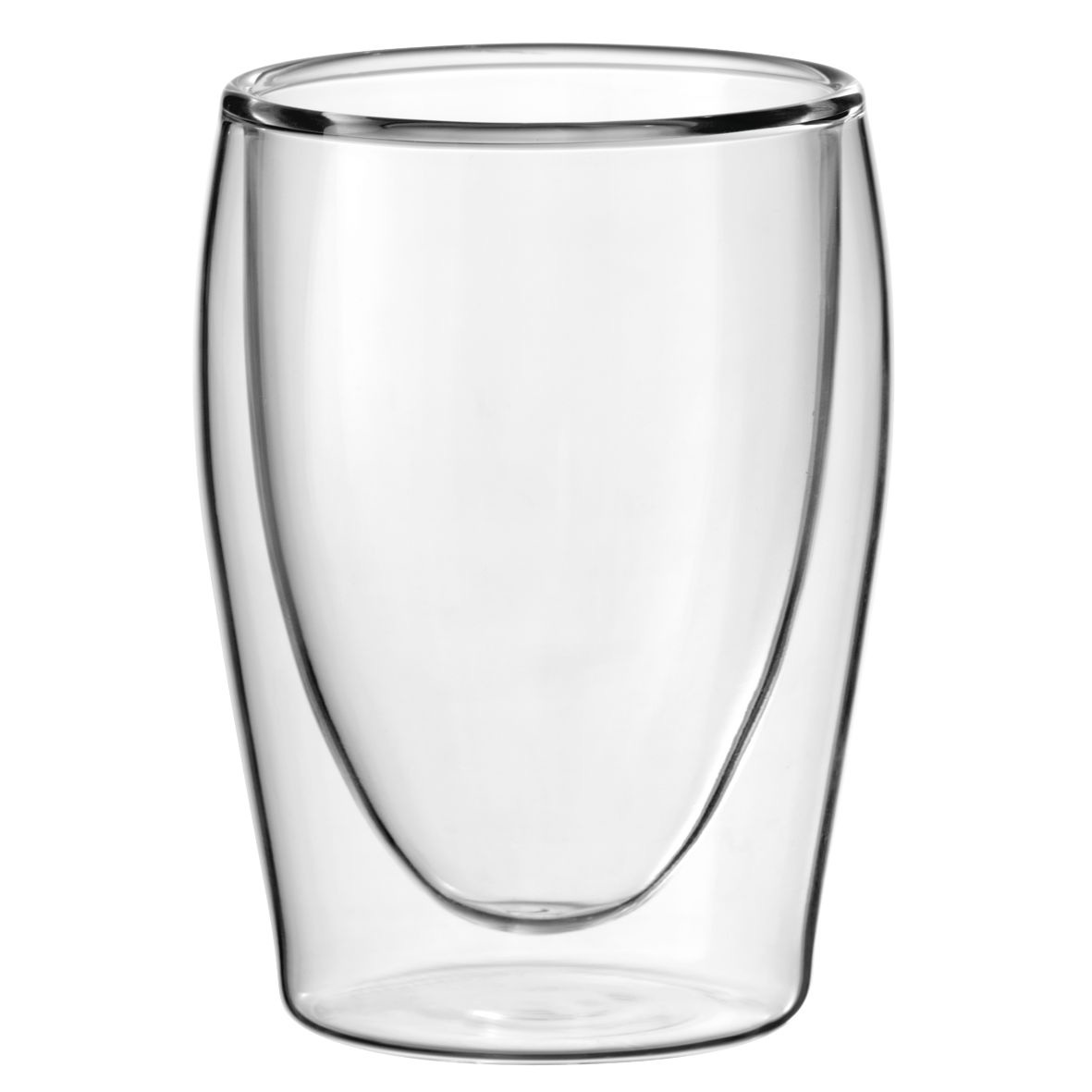 Verre transparent à double paroi. L'intérieur est courbé en forme de U, isolé sur fond blanc.