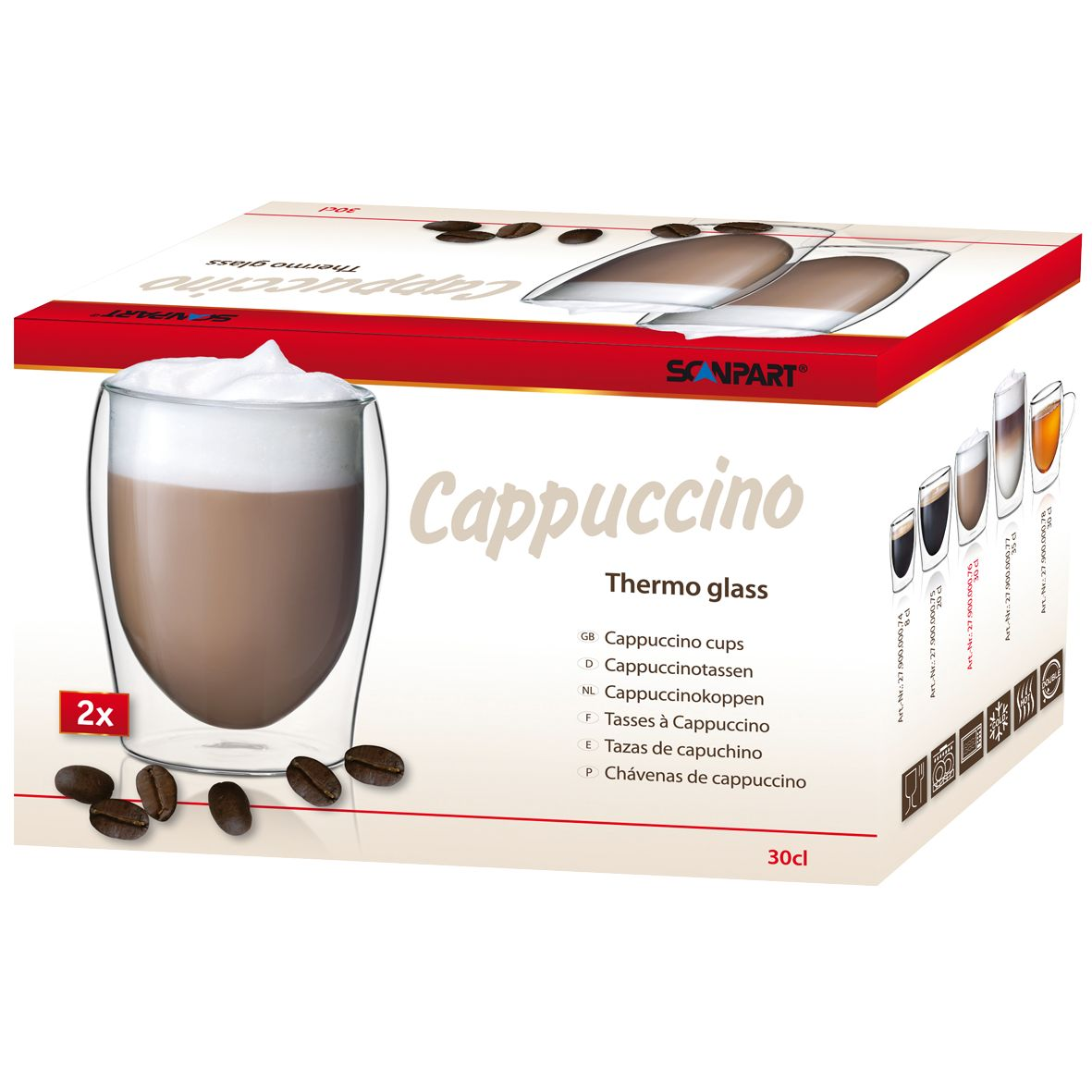 Productopname van cappuccino glazen en koffiebonen.