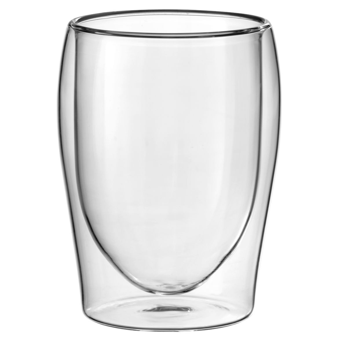 Een transparant dubbelwandig glas met een gebogen, afgeronde bodem.