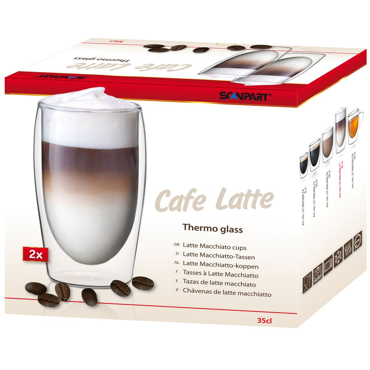 Doos met koffieglazen met een latte macchiato en 4 andere koffie-opties.