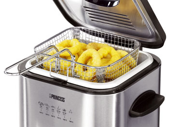 Deep fryer with basket of onion rings; stainless steel.