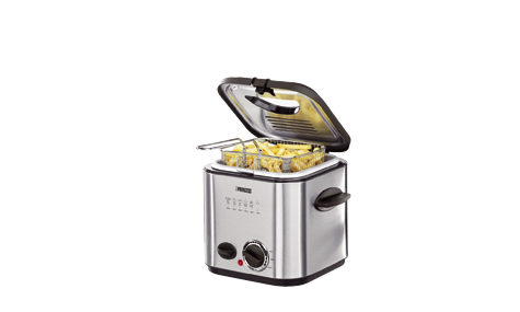 Stainless steel deep fryer, lid open, basket with fries inside. White background.