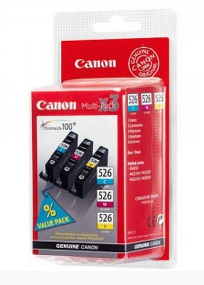 Canon inktcartridge verpakking met cyaan, magenta en gele cartridges.