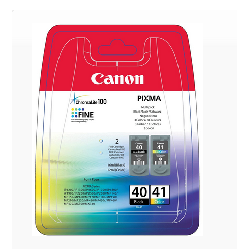 Cartouches d'encre Canon en emballage. Cartouches noir et couleur. Emballage rouge, blanc et bleu avec logo Canon.