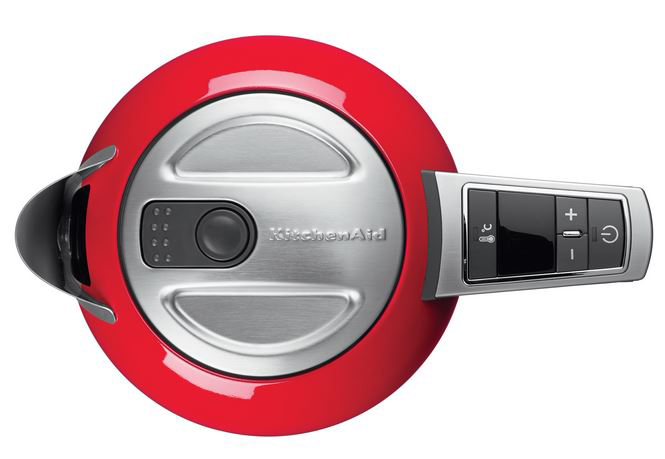 Top view of a red KitchenAid kettle, with a silver control panel and handle.