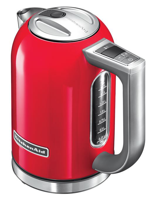 Red electric kettle with a silver handle and base. Side water level indicator, black buttons.