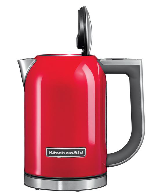 Red electric kettle with a black handle and the brand name 'KitchenAid'.