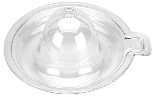 A clear glass juicer top. It has a dome in the center and a handle-like extension.