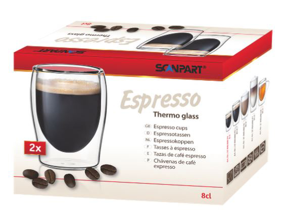 Boîte en verre thermo pour expresso avec grains de café. Il a un verre à double paroi et du texte en plusieurs langues.
