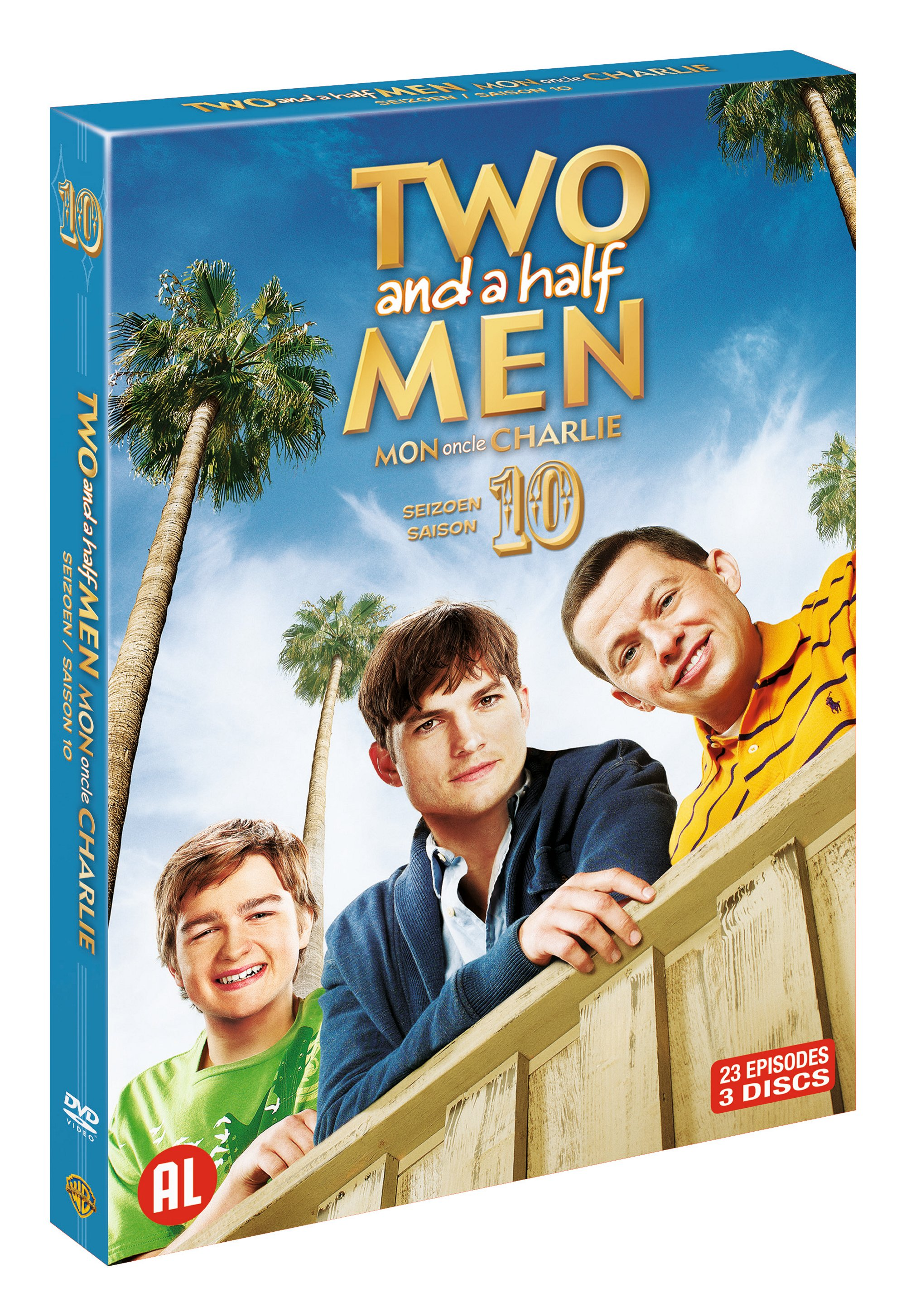 DVD-hoes met drie mannen, palmbomen en de tekst 'Two and a Half Men'.