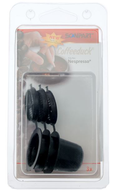 Packaging for coffee capsules, black capsules visible, with a clear plastic casing.