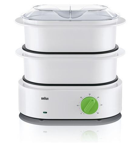 Cuiseur vapeur Braun blanc avec trois niveaux et cadran vert. Le niveau supérieur a un couvercle transparent.