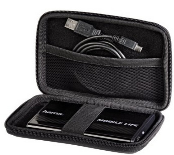 Black portable hard drive case, open, with a hard drive and a USB cable.