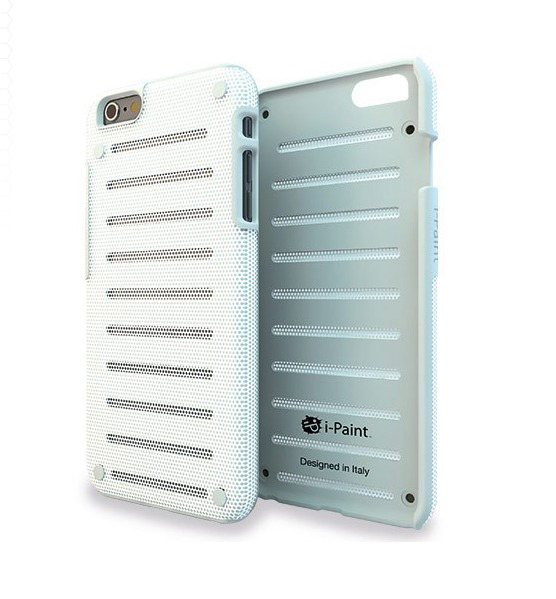 Coque de téléphone blanche et bleu clair, deux pièces. L'intérieur a un design côtelé et le logo i-Paint.