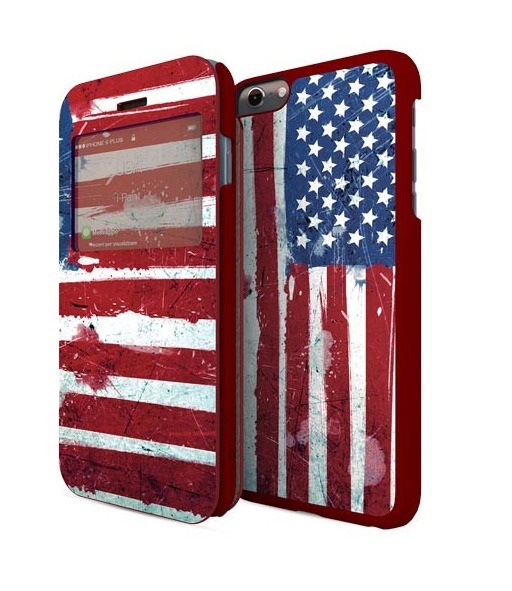Coque d'iPhone avec un motif de drapeau américain. Deux parties, couleurs rouge, blanc et bleu.