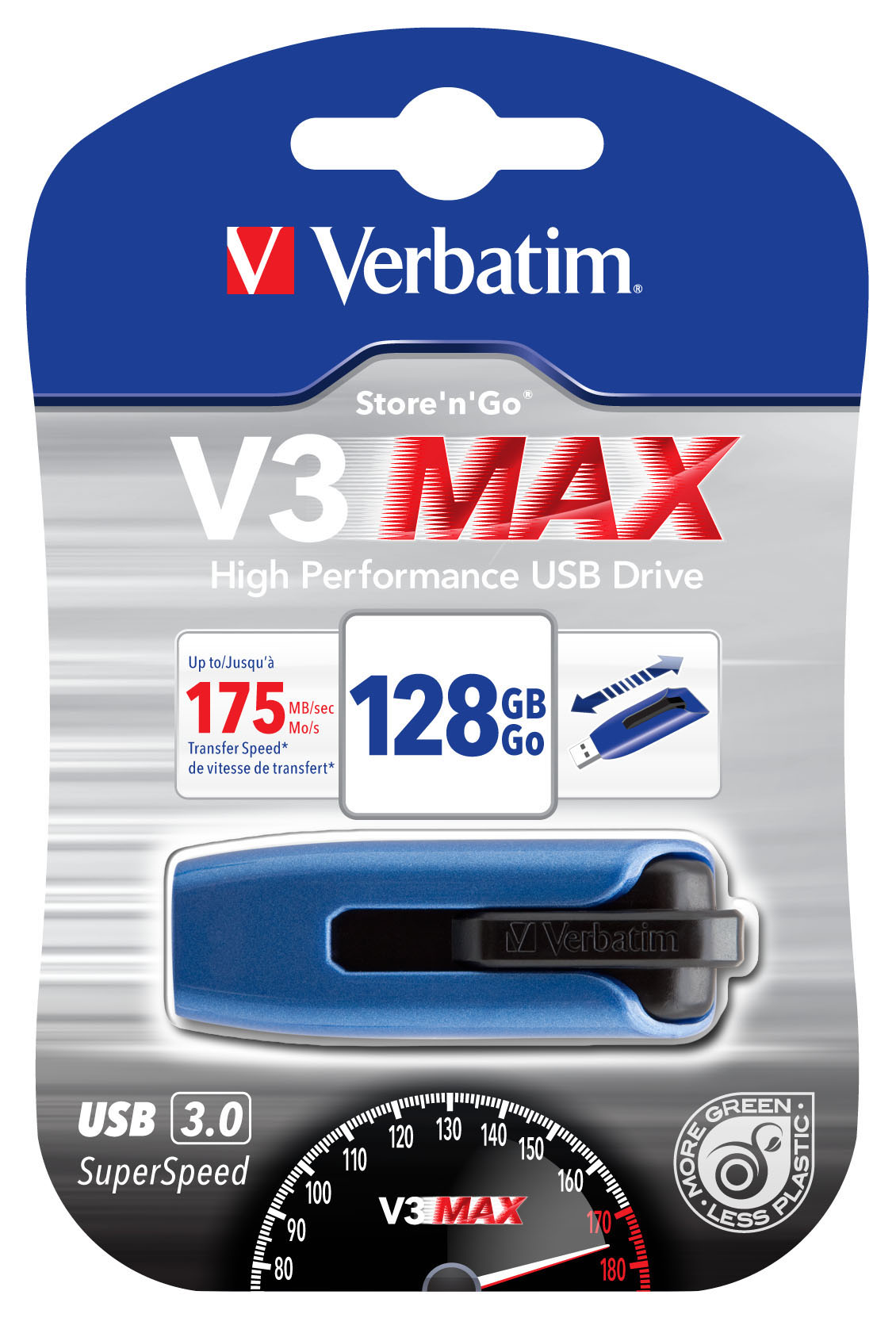 USB-Stick-Verpackung: Blauer USB-Stick, weiße und blaue Verpackung mit 'Verbatim' und 'V3 MAX' Text.